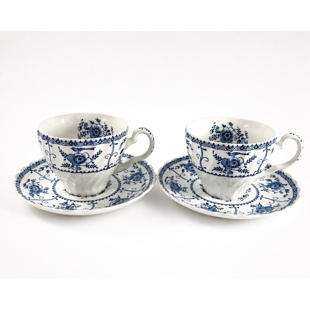 Johnson Bros Indies Blue White Ironstone Tea Cups & Saucers Set of 2 England